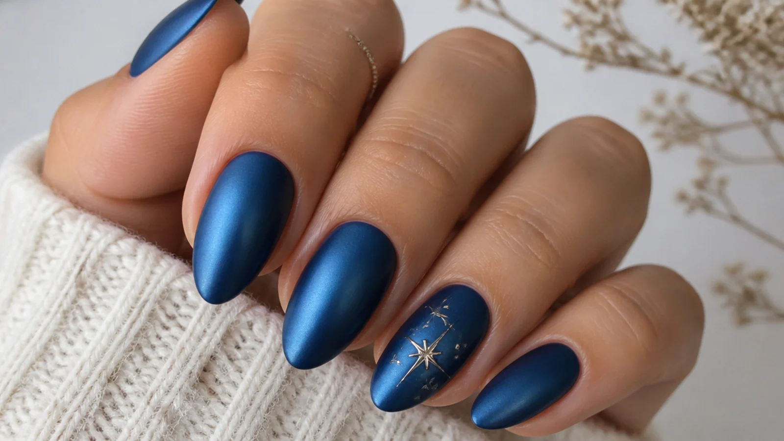 Royal blue nails with a soft frosted matte chrome pearl finish