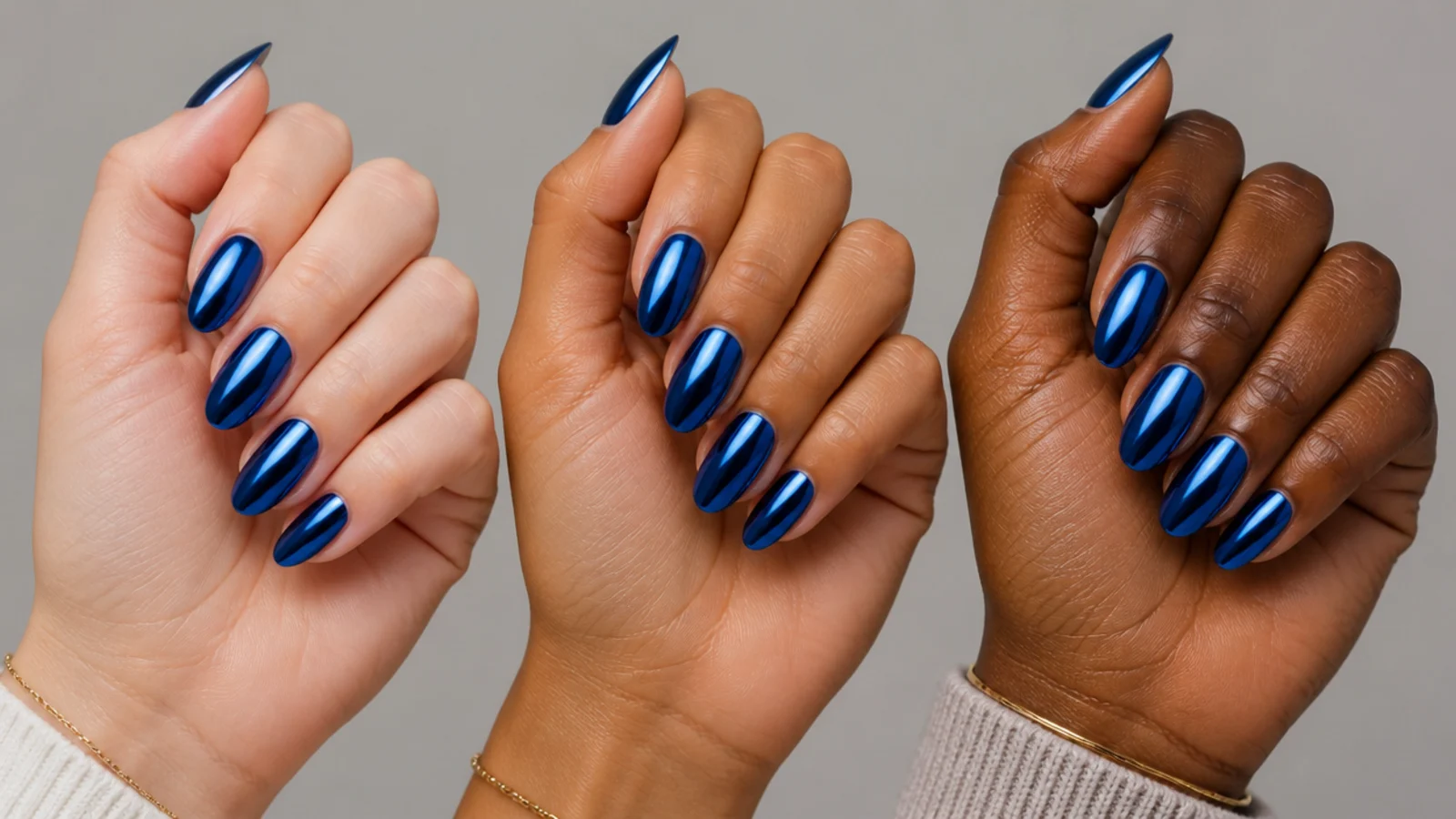 Royal blue chrome swatches shown against fair, medium and deep skin tones