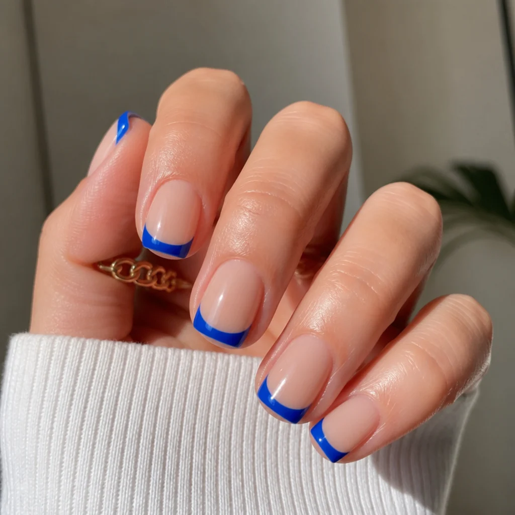 Short square royal blue french tips over a nude base on natural nails