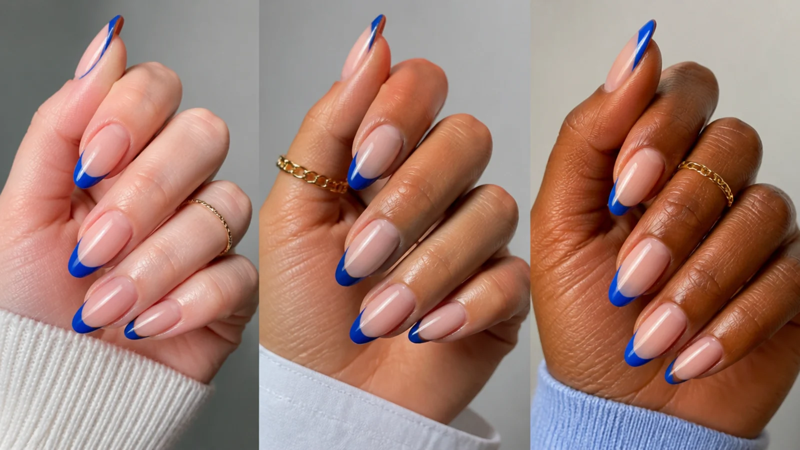 Royal blue french tips shown against fair, medium and deep skin tones
