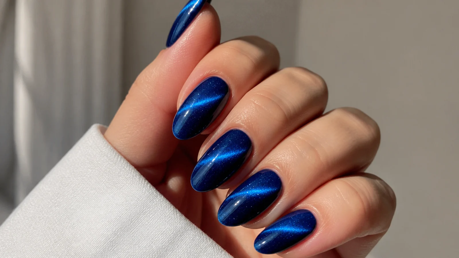 Royal blue cat-eye nails with a shifting magnetic light stripe