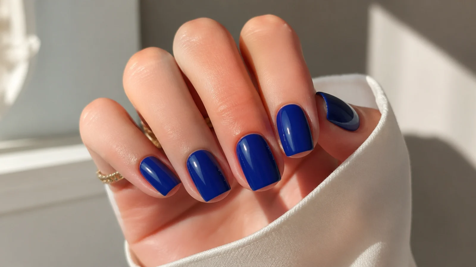 Short royal blue squoval nails with a clean glossy finish