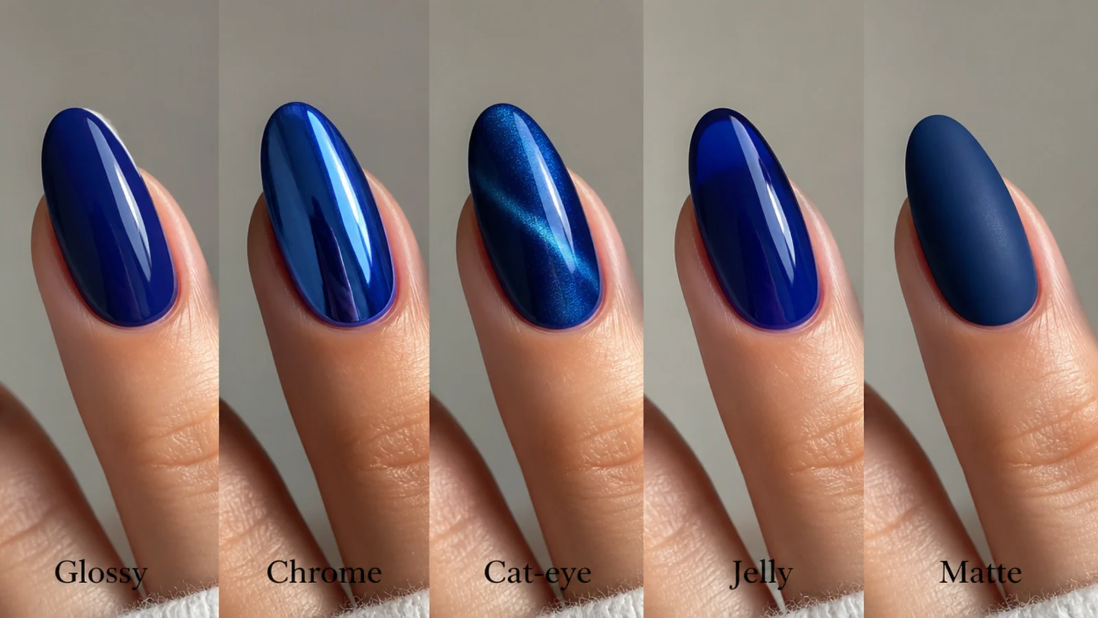 Royal blue nails shown in glossy, chrome, cat-eye, jelly and matte finishes