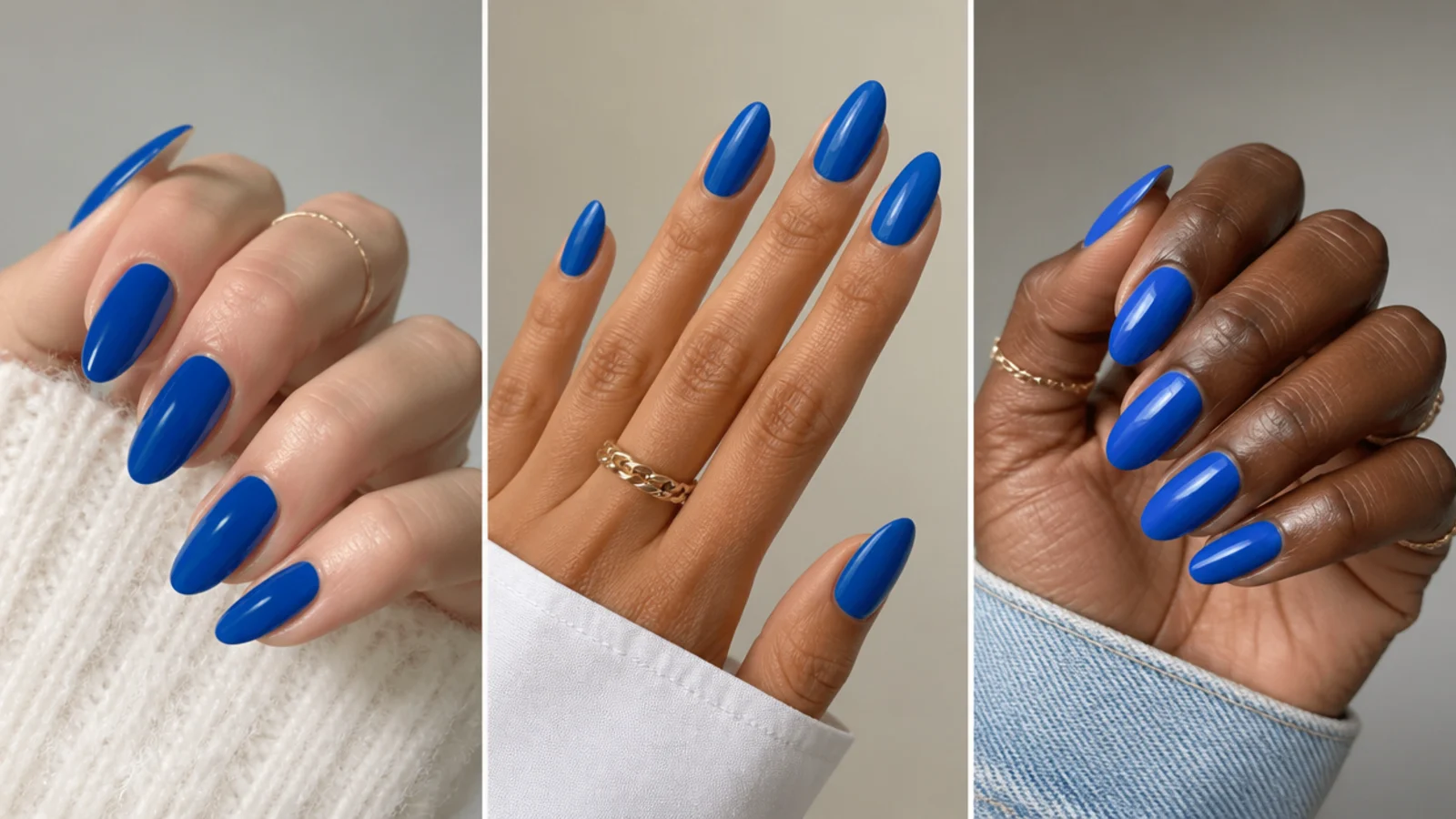 Royal blue swatches shown against fair, medium and deep skin tones