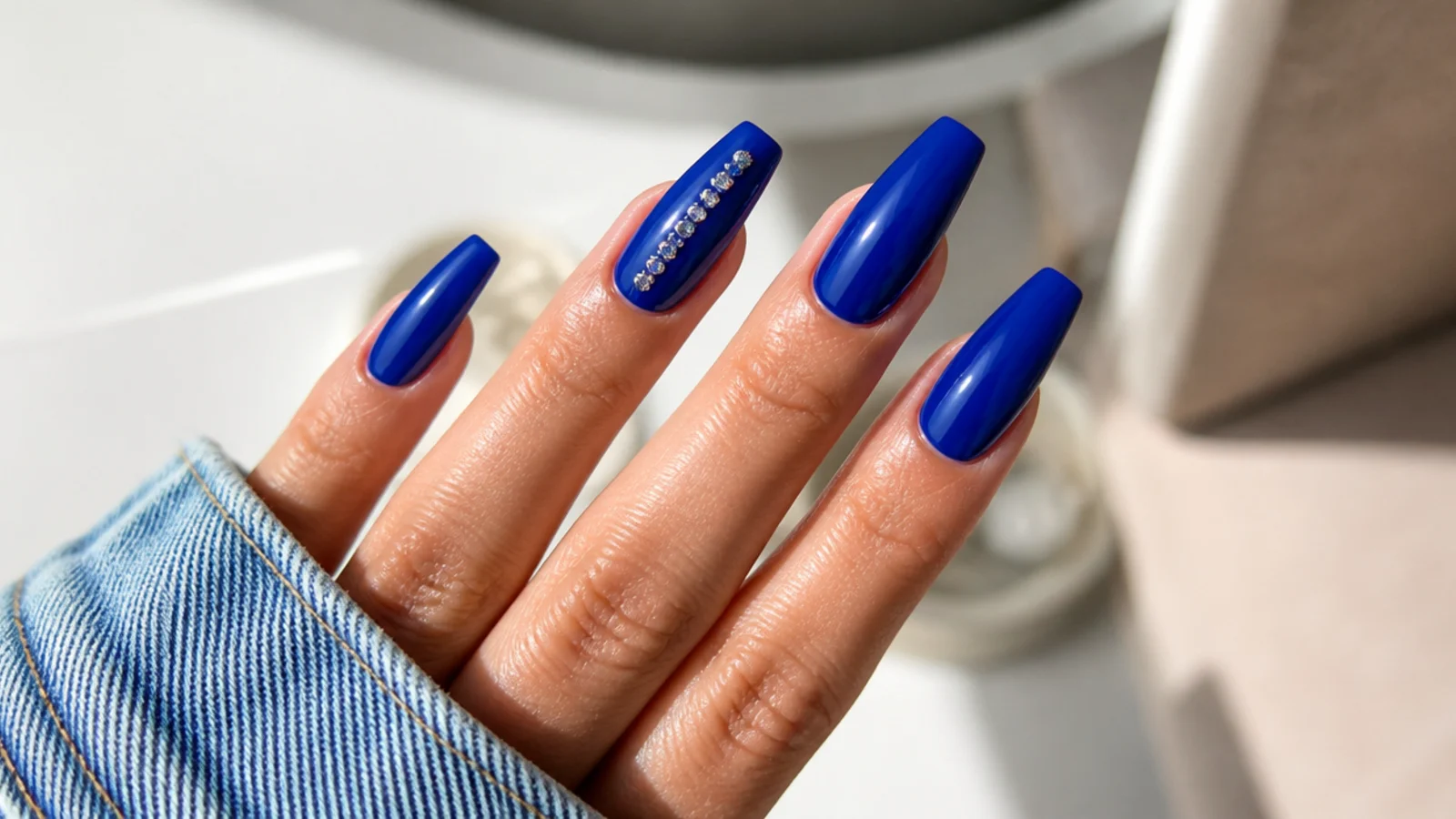 Long coffin nails in glossy royal blue with a single rhinestone accent nail