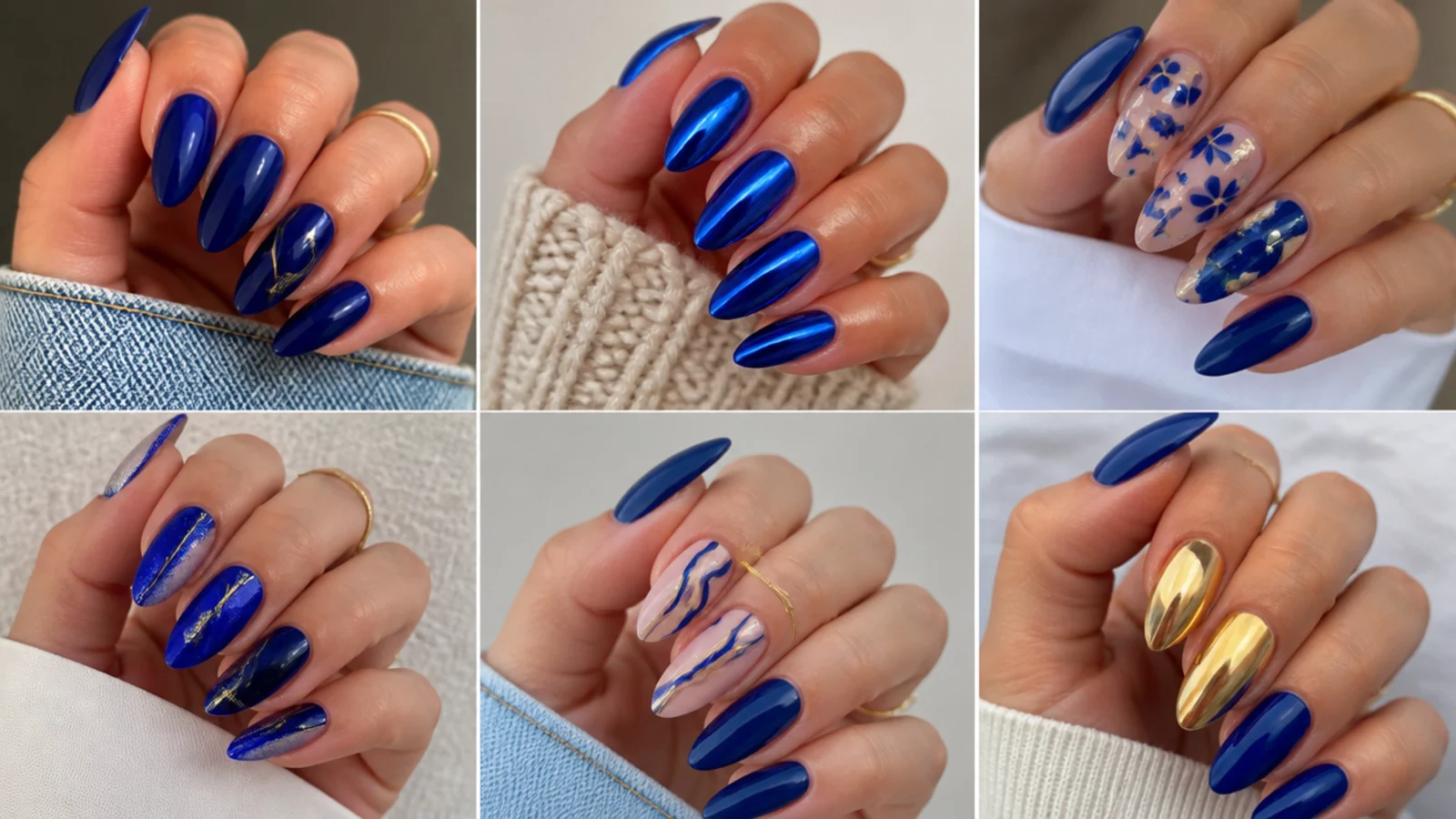 A saved collage of royal blue nails in glossy cobalt, gold-accented and chrome finishes