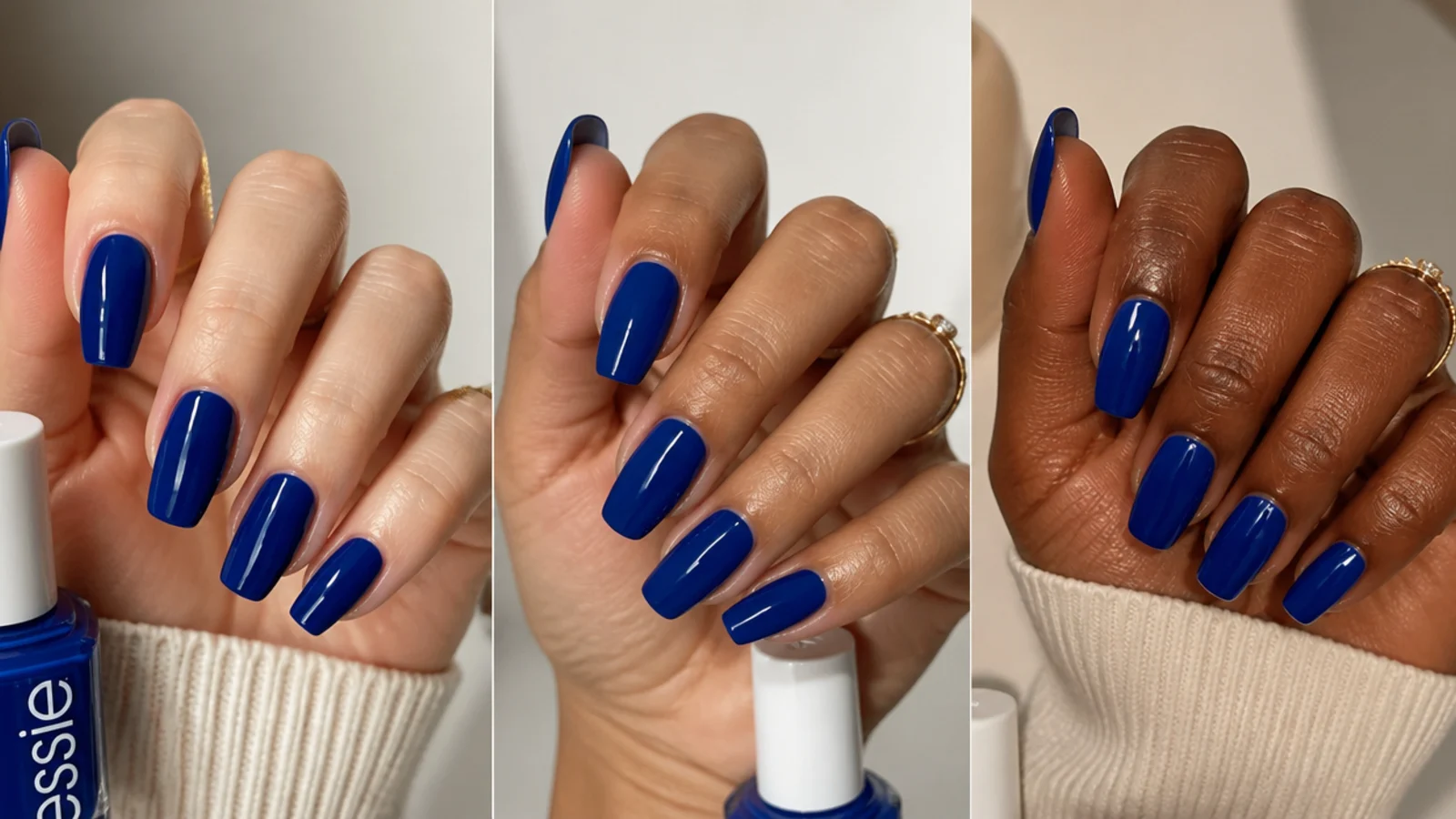 Royal blue swatches shown against fair, medium and deep skin tones
