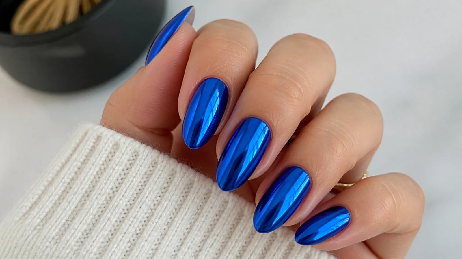 Full mirror chrome royal blue nails with a metallic reflective finish