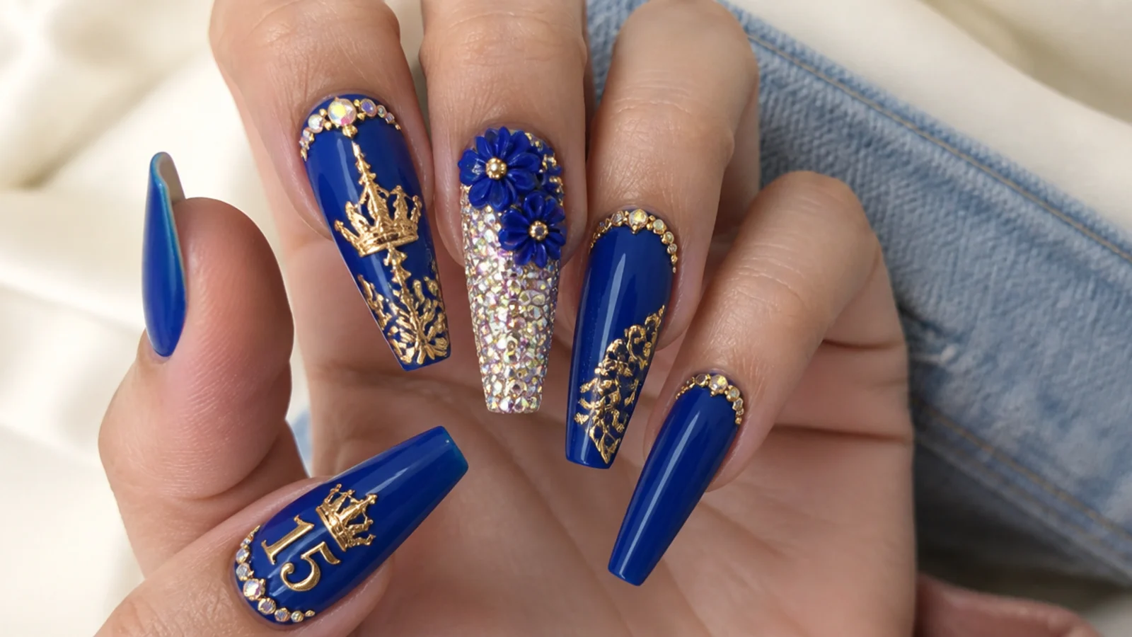 Royal blue quinceanera nails with gold and rhinestone detailing