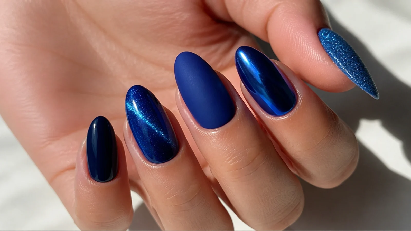 Royal blue nails shown in glossy, matte, chrome and cat-eye finishes