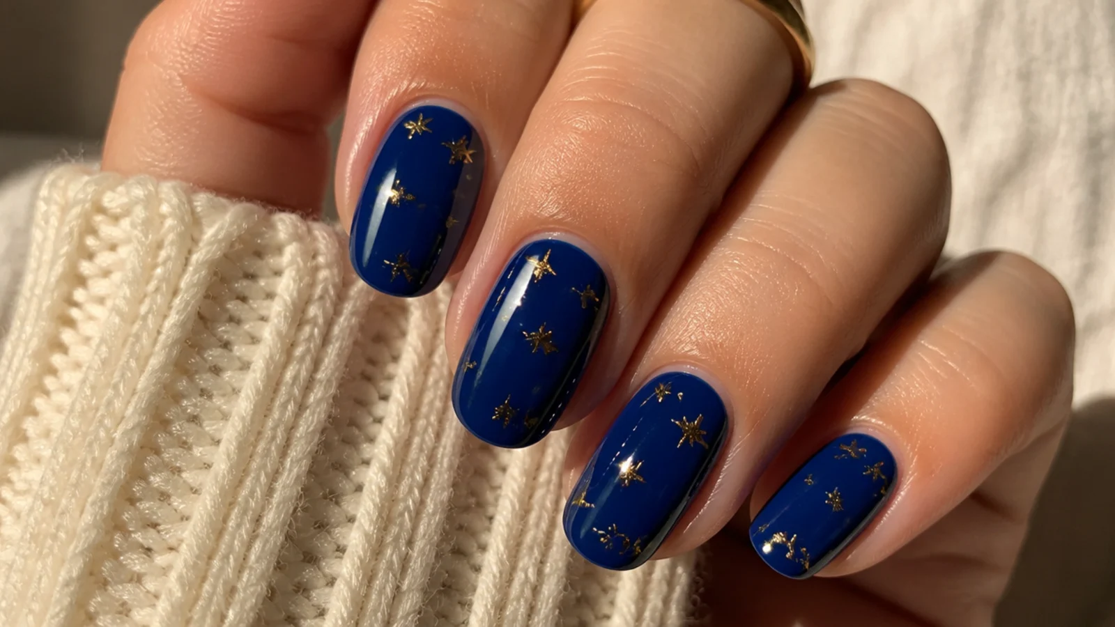 Deep royal blue nails with tiny gold star and dot celestial details