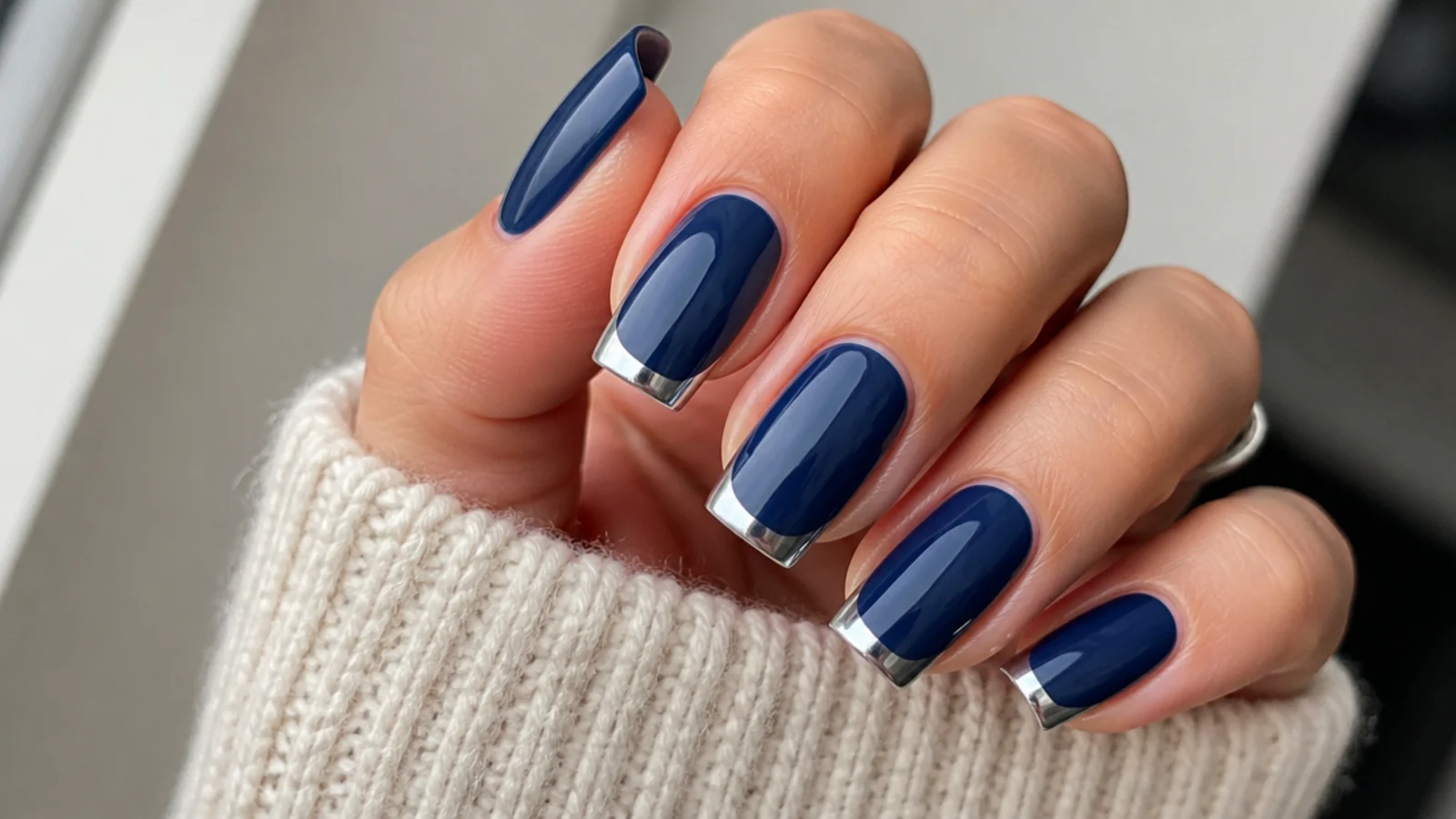 Royal blue nails with a metallic silver french tip