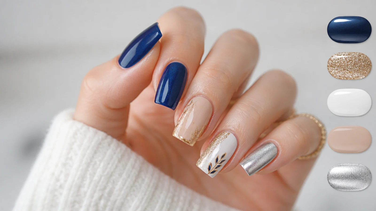 Royal blue nails shown with gold, silver, white and nude accent swatches