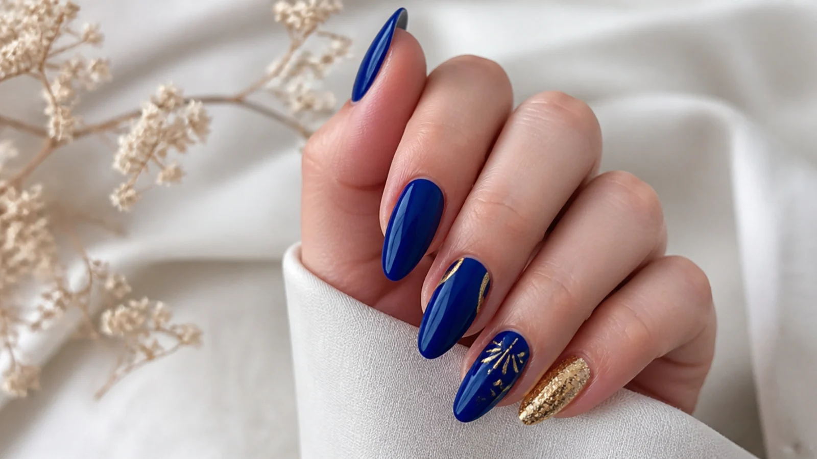 Glossy royal blue prom nails on an almond shape with gold accents