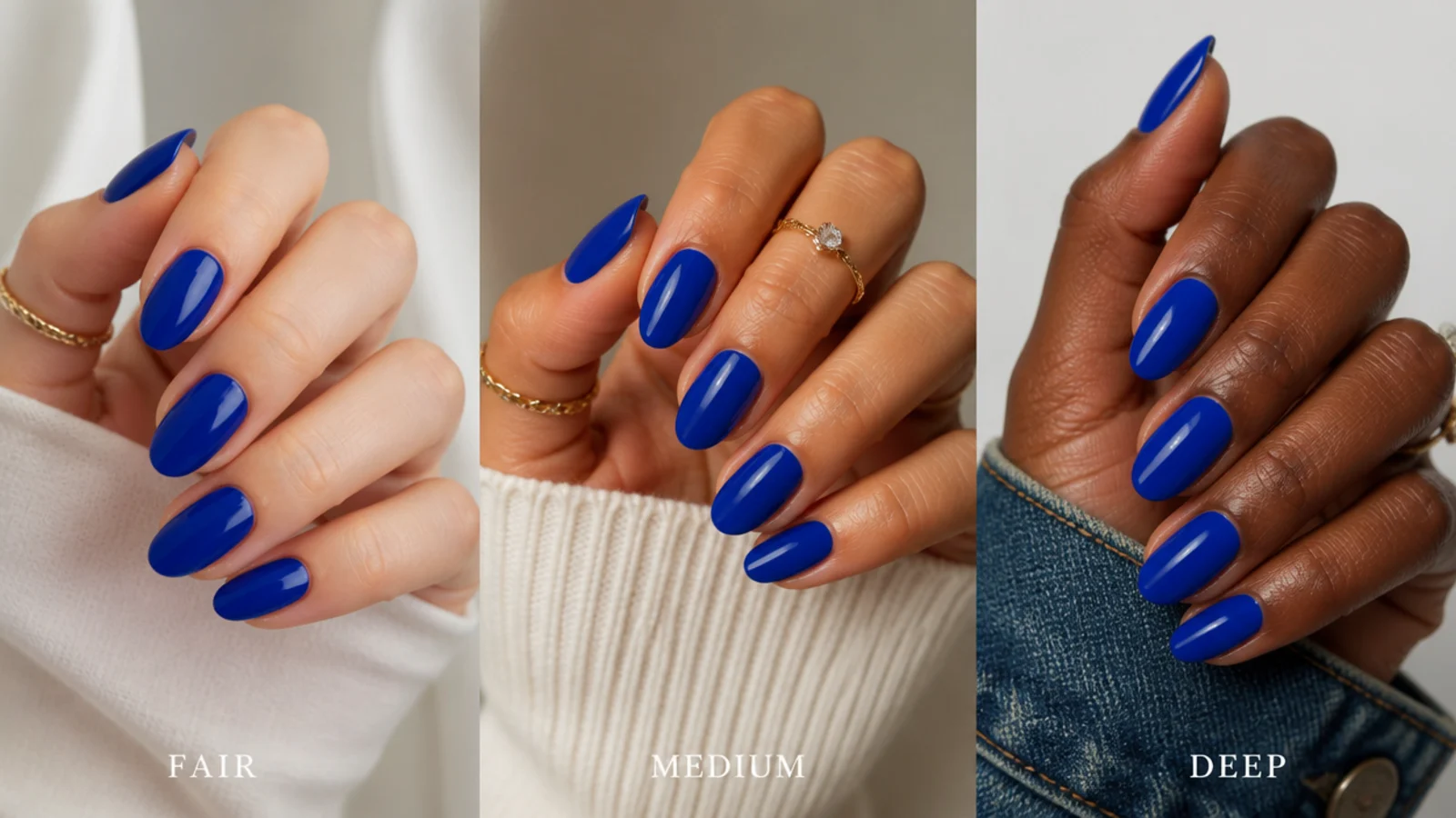 Royal blue swatches shown against fair, medium and deep skin tones