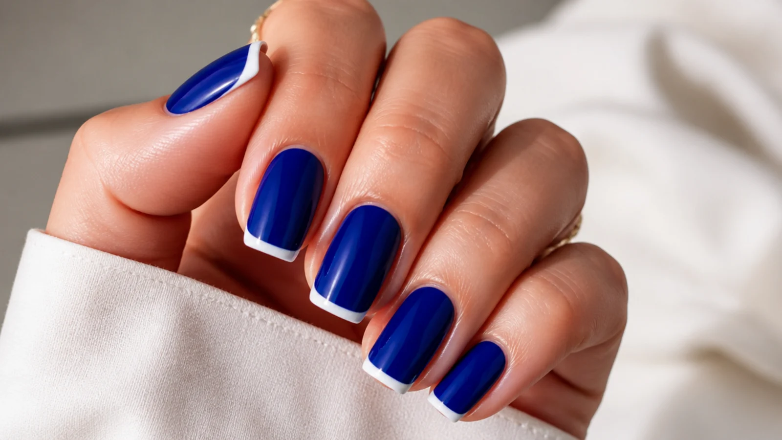Royal blue nails with crisp white french tips on a squoval shape