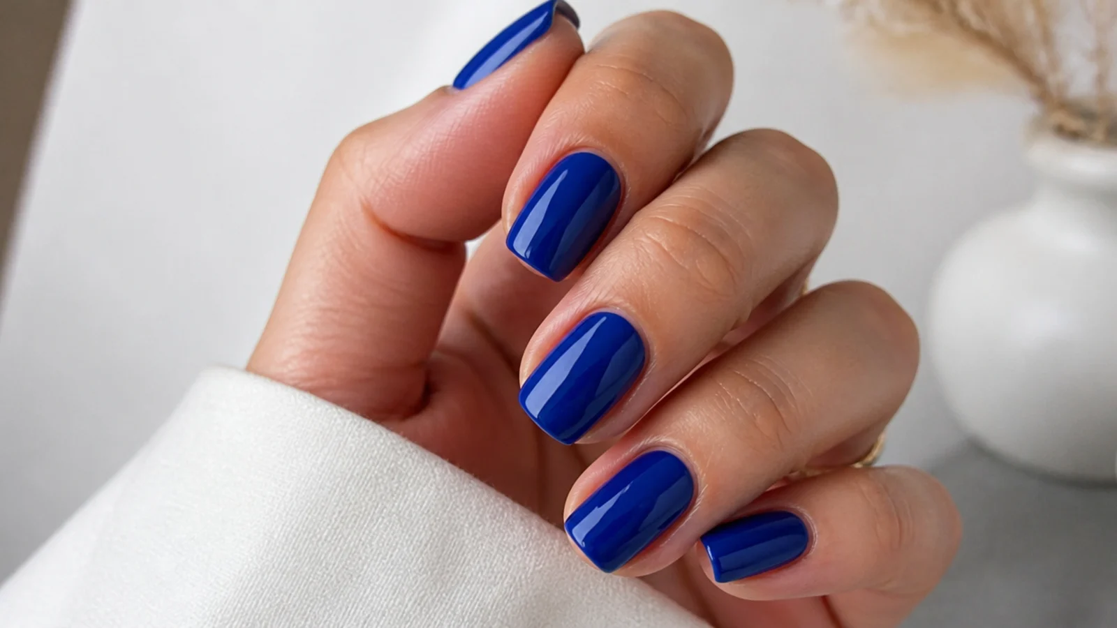 Short royal blue squoval nails with a clean high-gloss finish