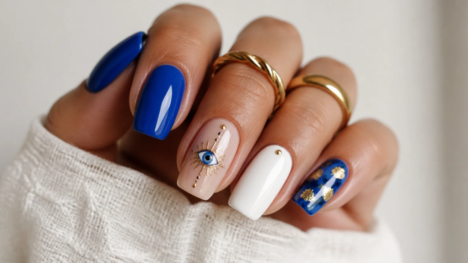 Royal blue nails paired with gold, silver, white and nude accents