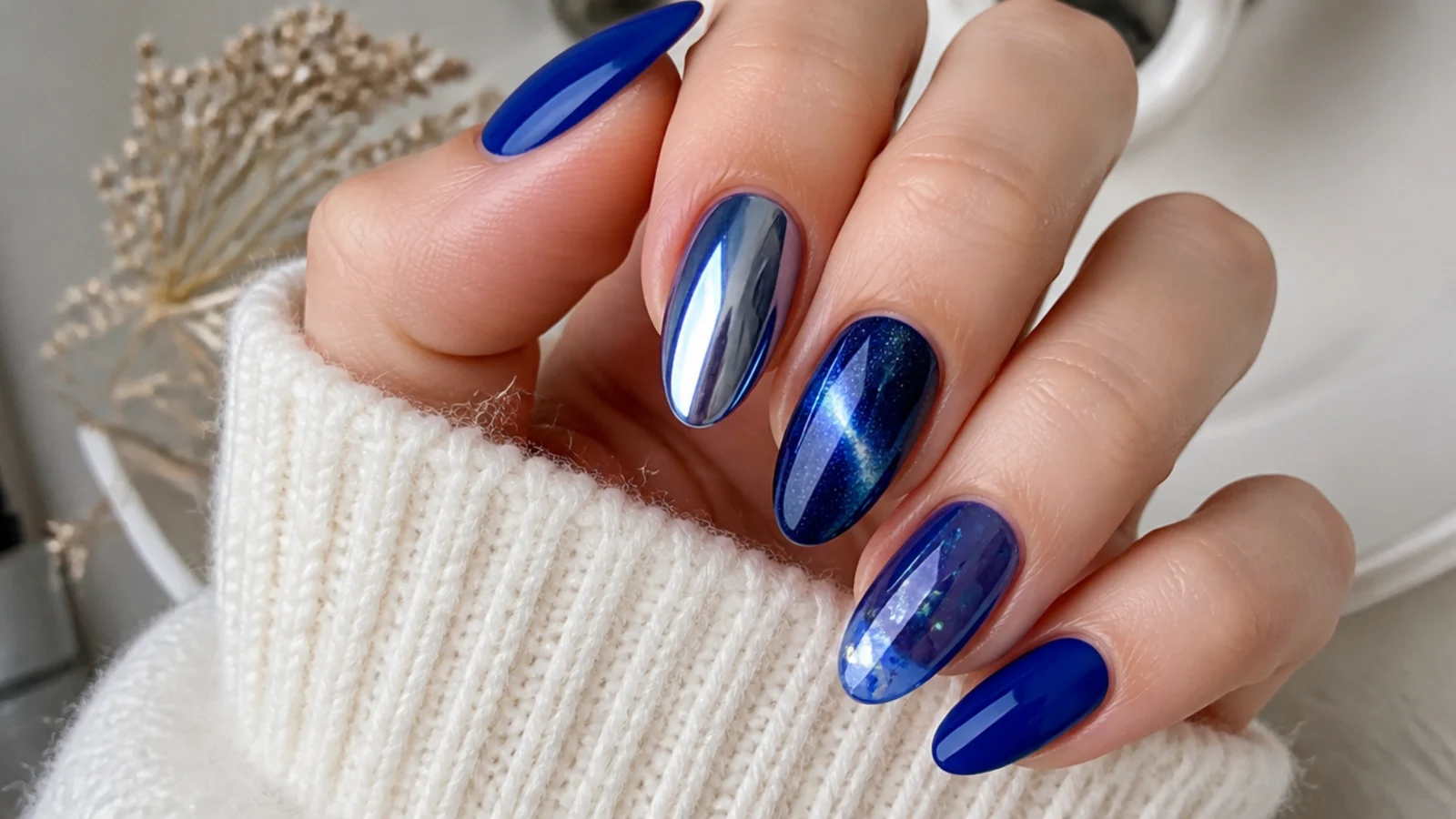 Royal blue nails in glossy, chrome, cat-eye and jelly finishes