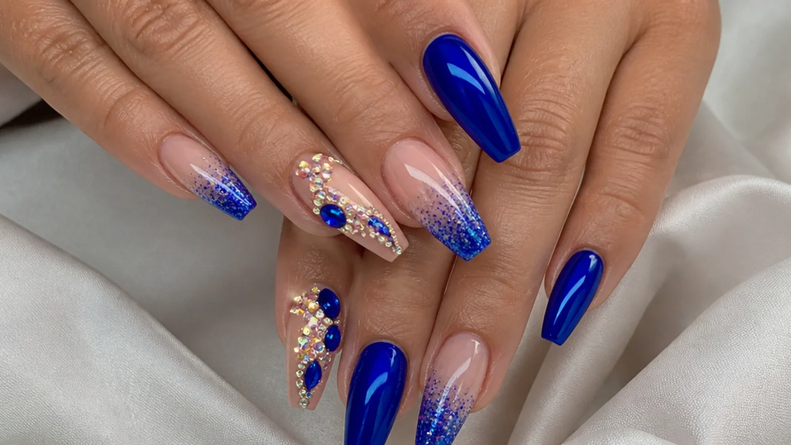 Royal blue nails styled for a quince, prom and wedding event