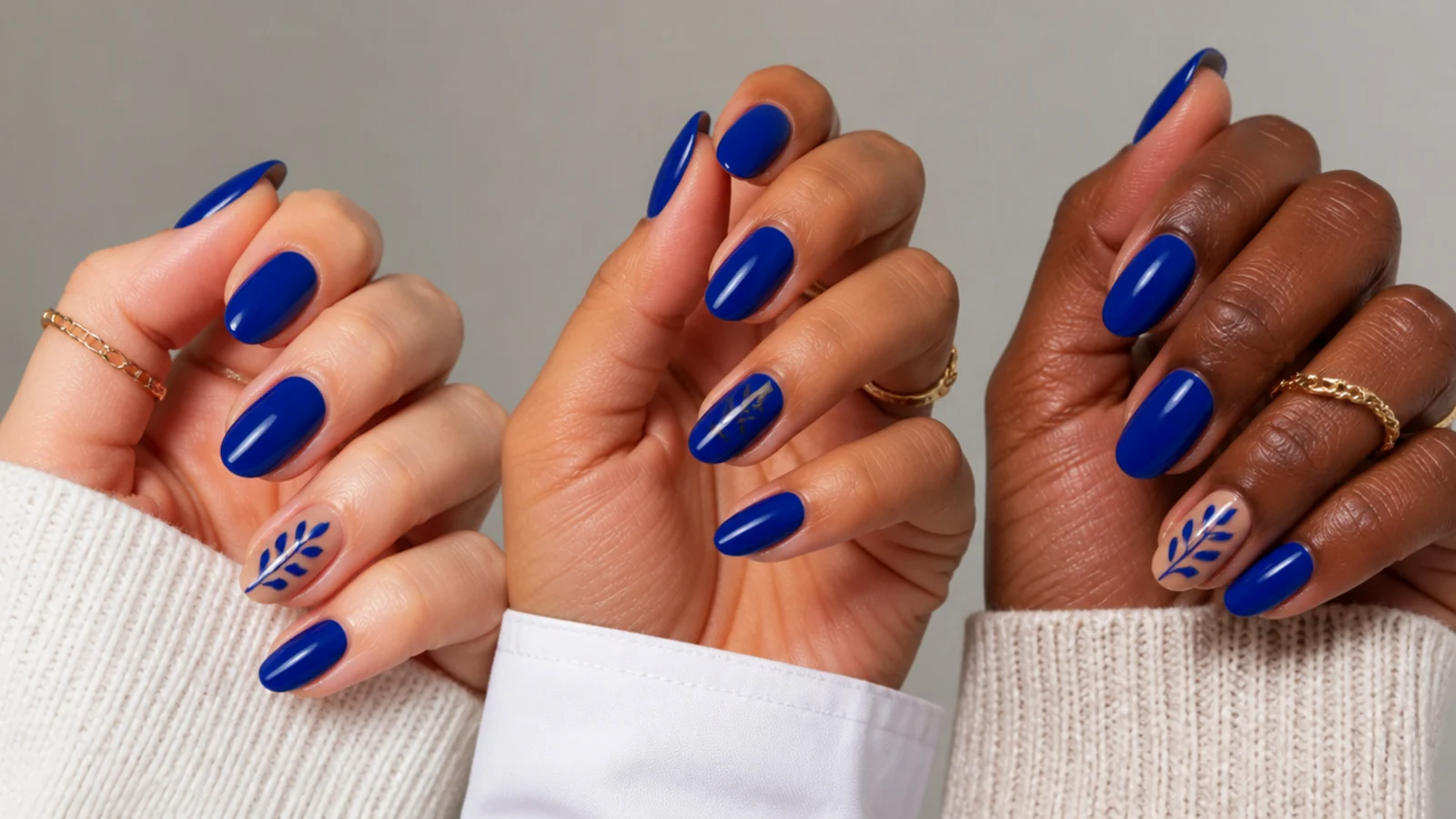 Royal blue nails shown against fair, medium and deep skin tones