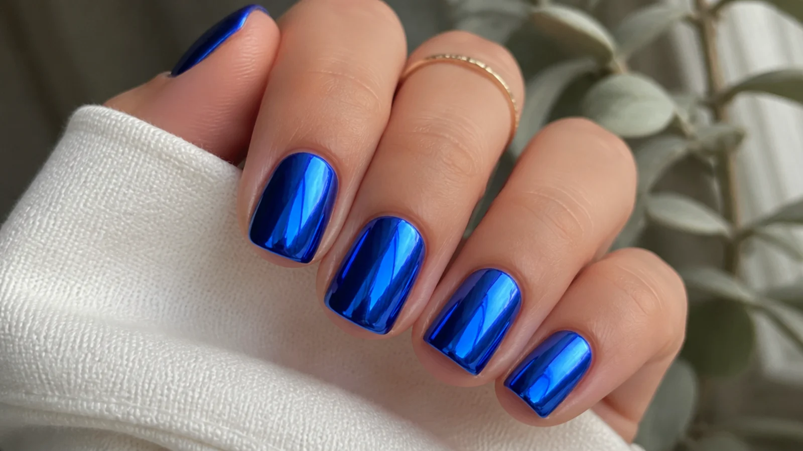 Short royal blue nails with a reflective chrome mirror finish