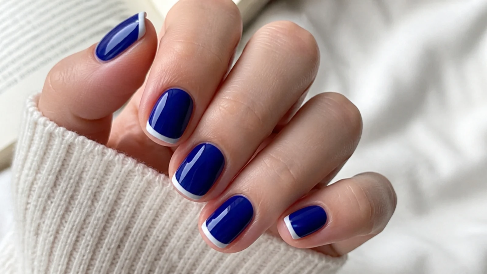 Short royal blue nails with a crisp thin white french tip
