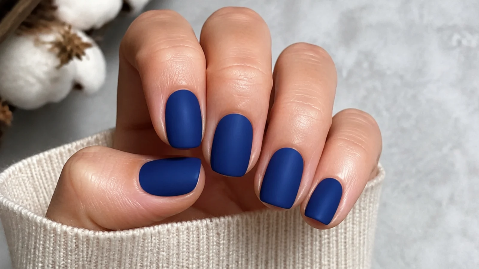 Short royal blue nails with a soft velvety matte finish
