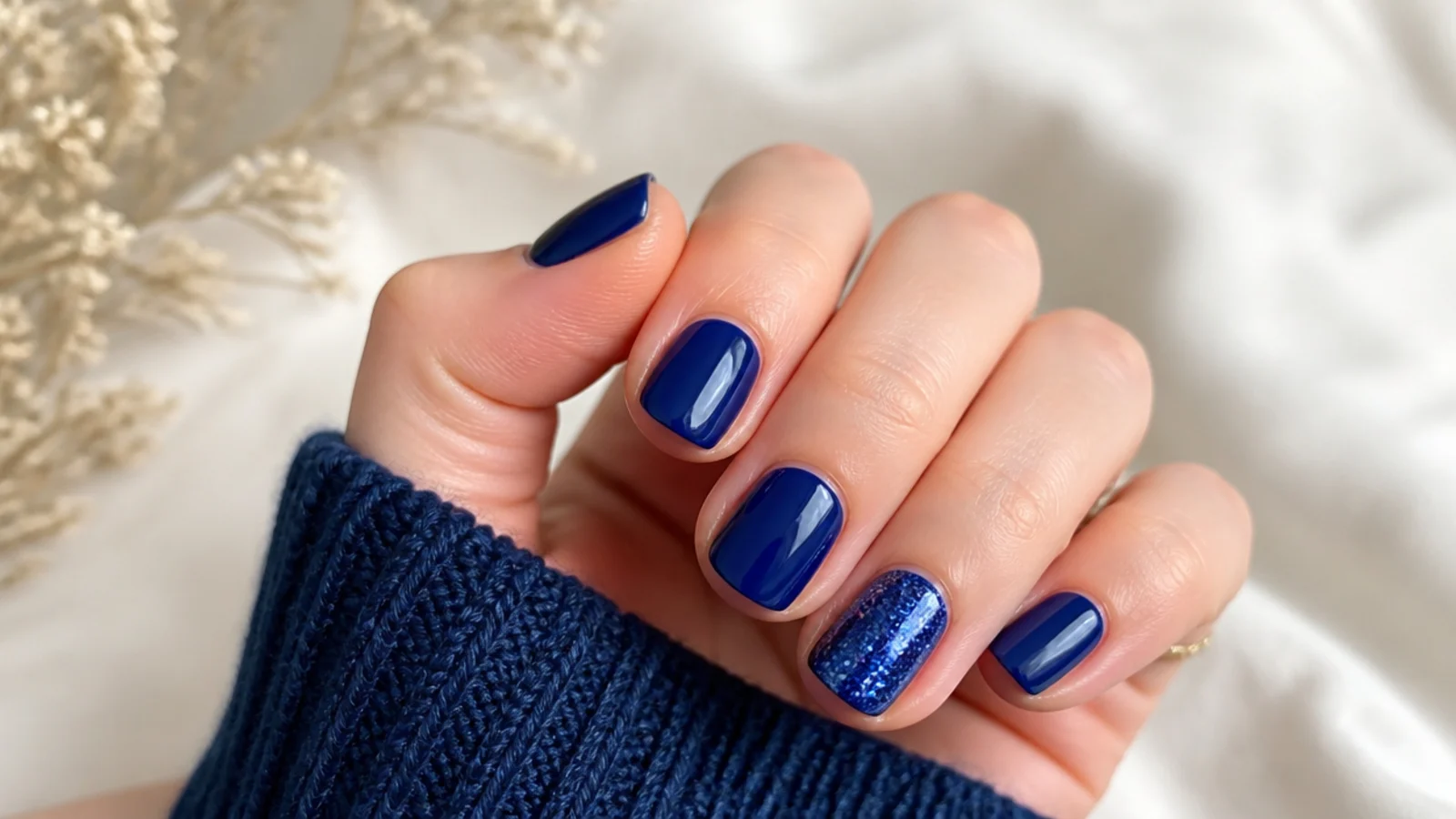 Short royal blue nails with one sparkling blue glitter accent nail