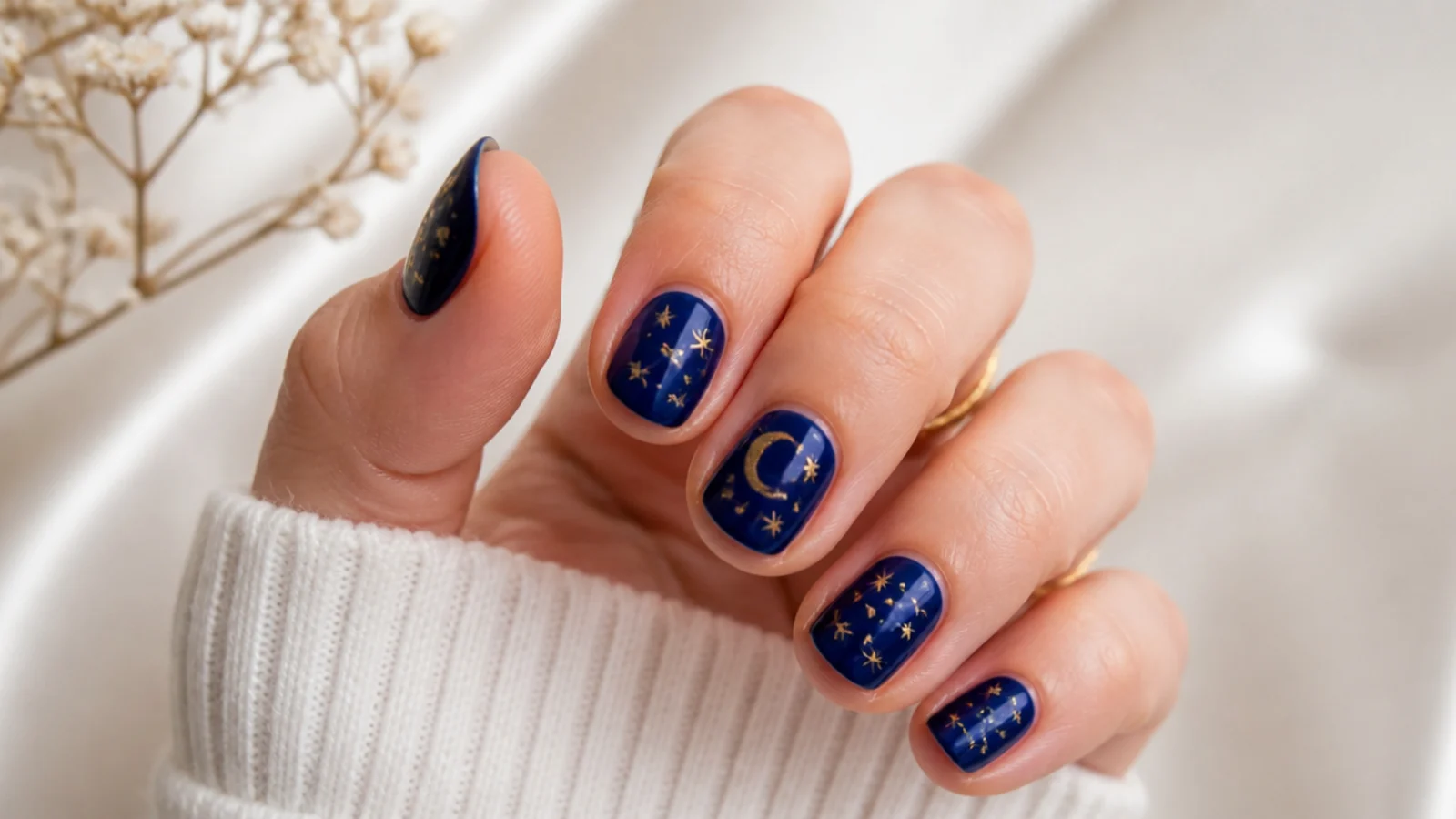 Short royal blue nails with tiny gold star and celestial accents