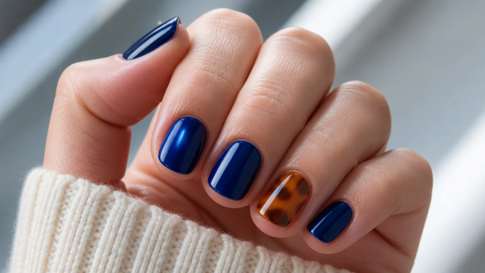 Short royal blue nails with an amber tortoiseshell accent nail