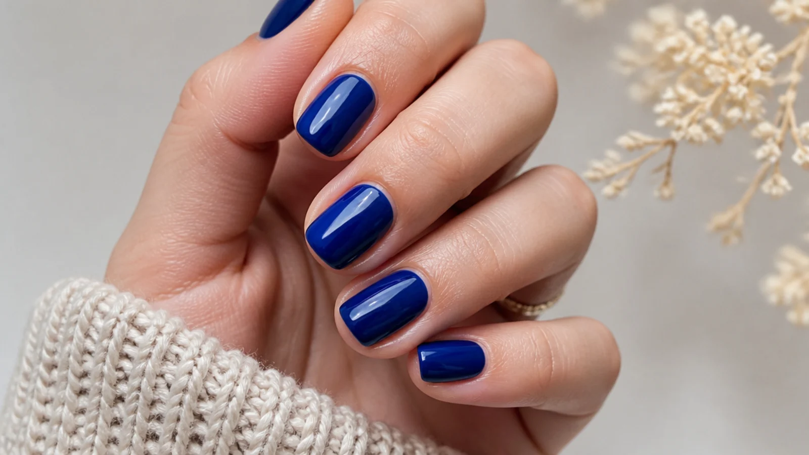 Two gel coats building a deep true royal blue on a short nail