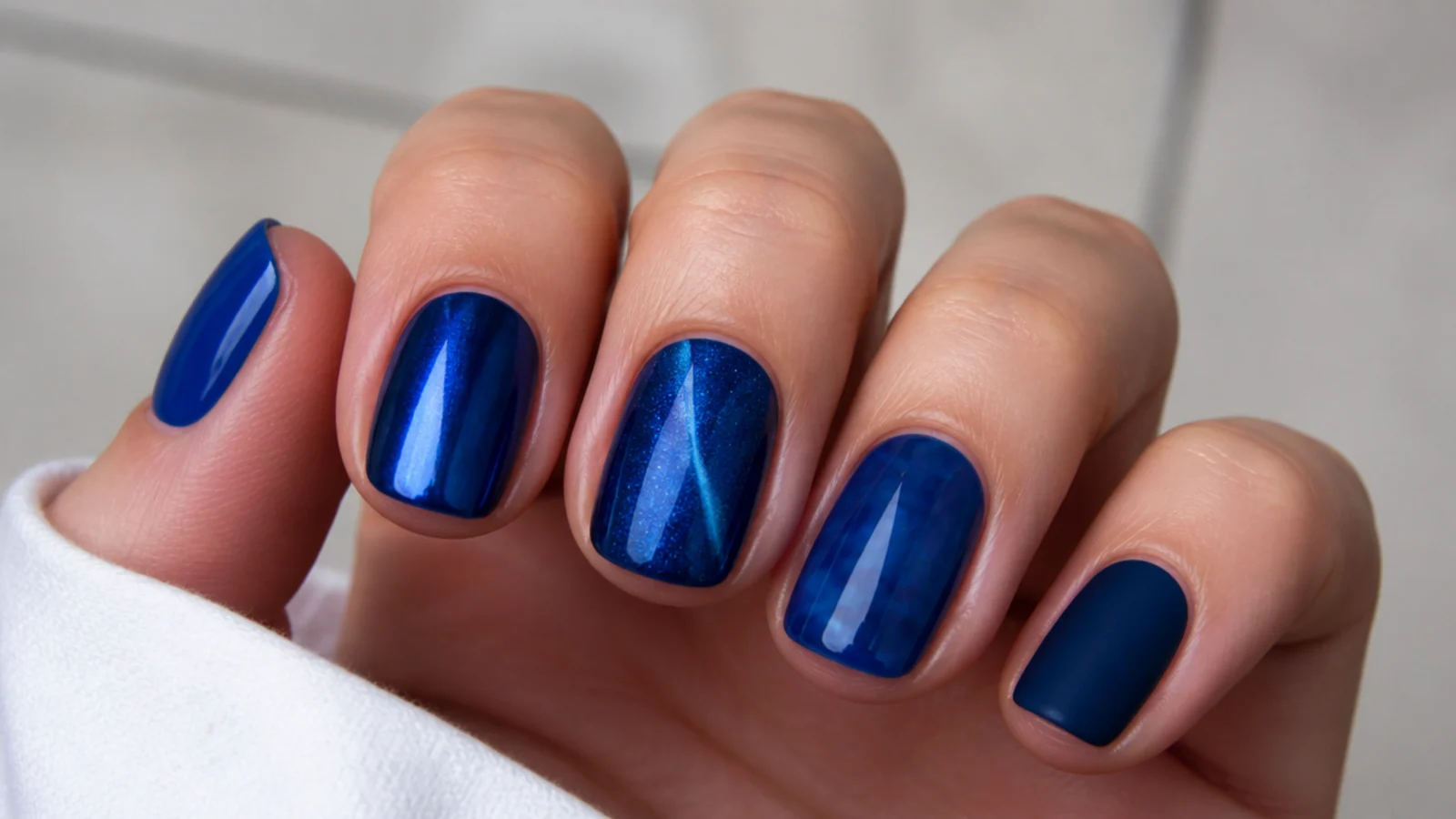 Short royal blue nails shown in glossy, chrome, cat-eye, jelly and matte finishes