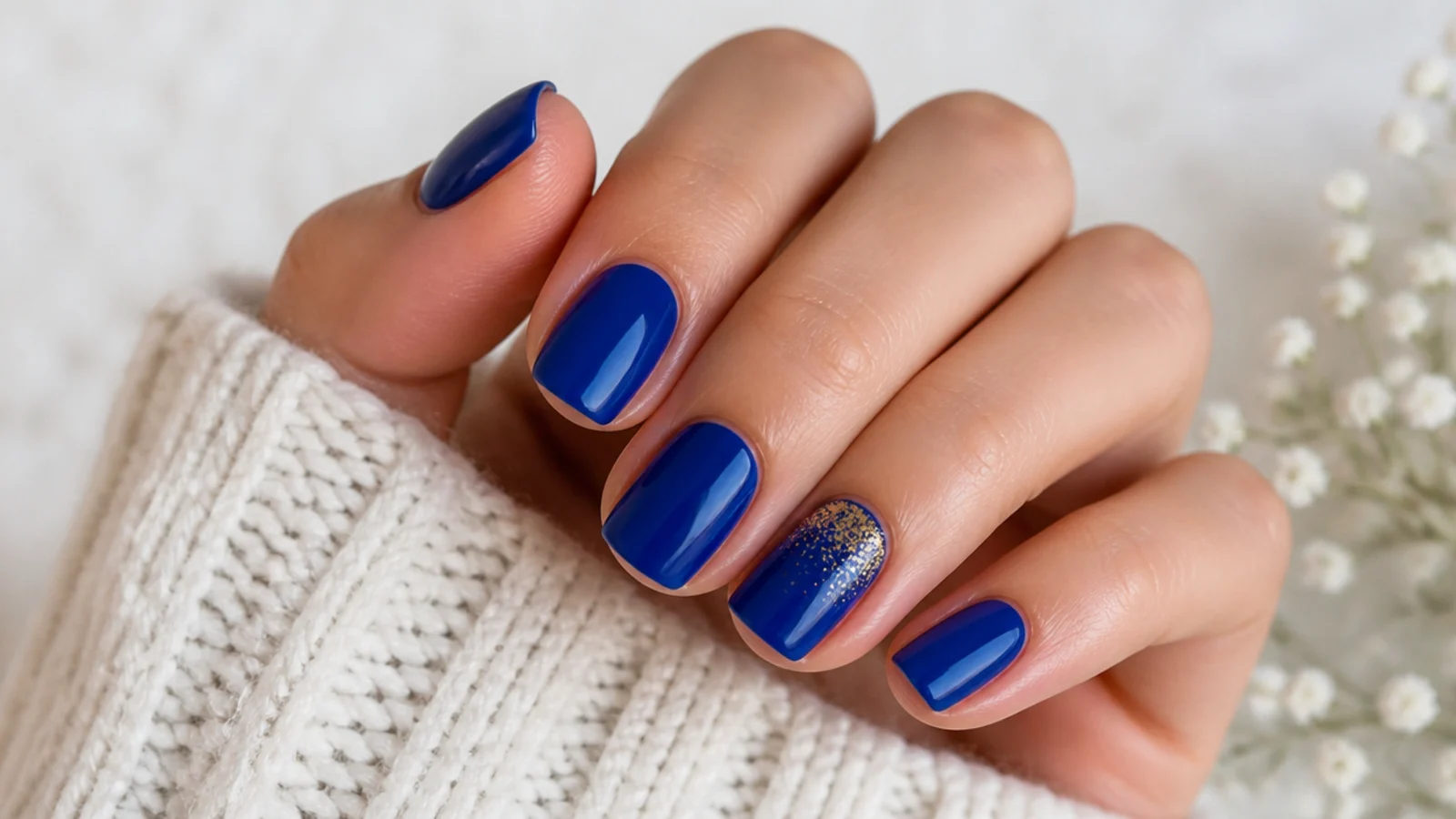 Short royal blue nails styled for prom, a wedding and everyday wear