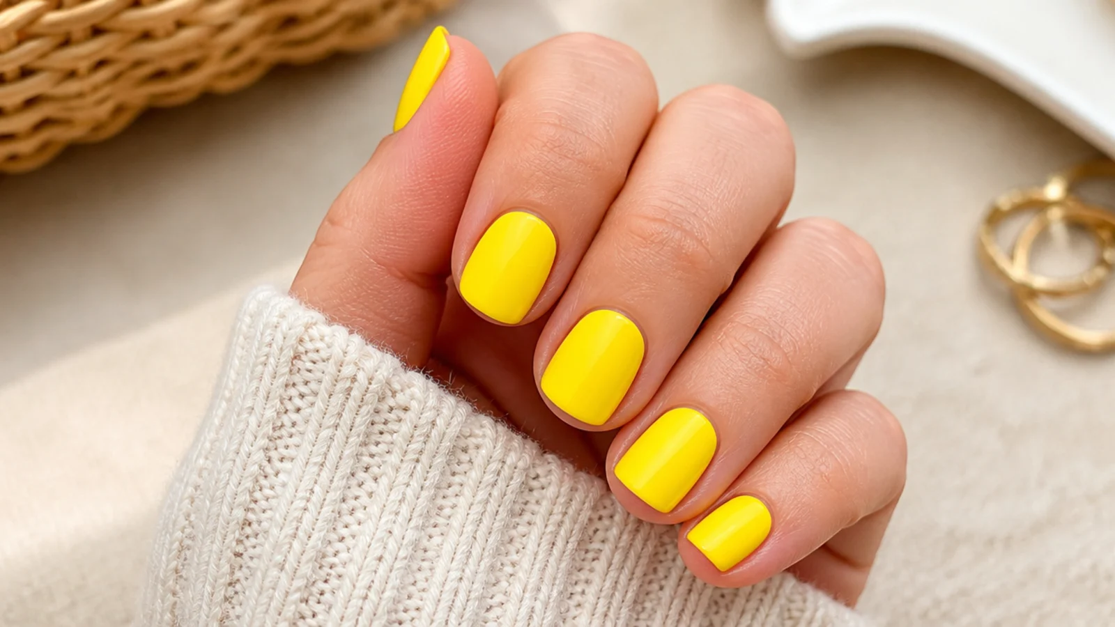 Short nails in highlighter yellow with a flat opaque finish and even free edge coverage
