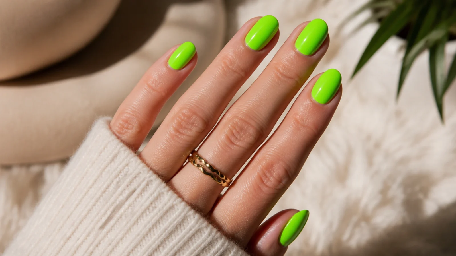 Short almond nails in electric neon green with a high gloss top coat