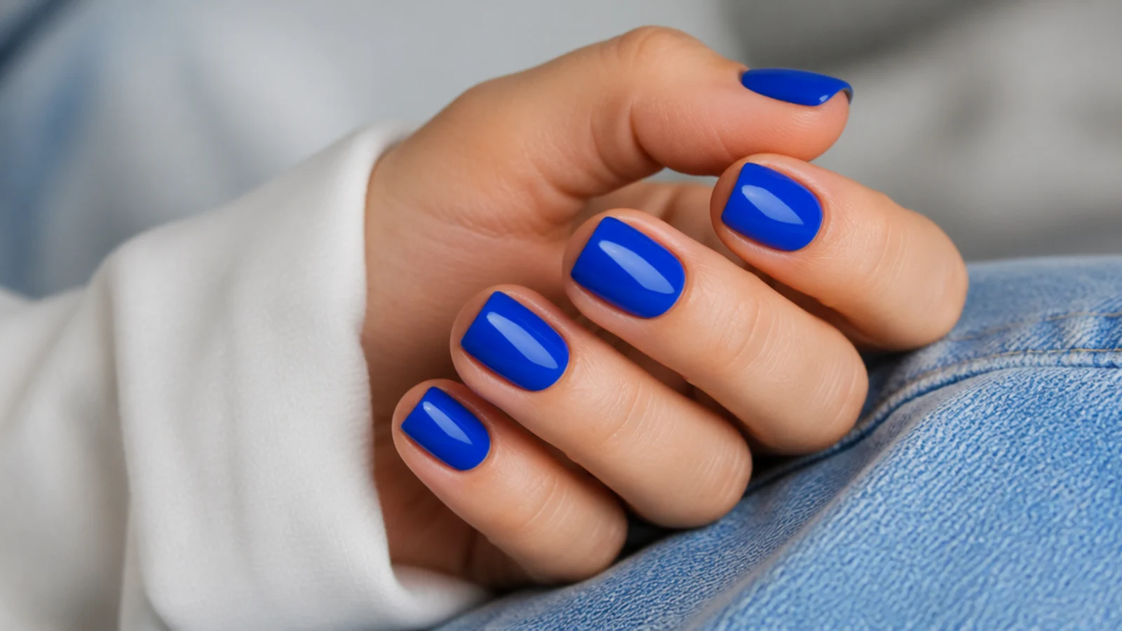 Short square nails in electric blue with saturated even color and glossy shine