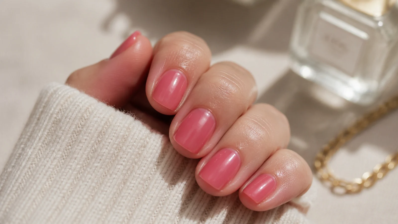 Short nails in translucent watermelon pink jelly with a wet looking glossy surface