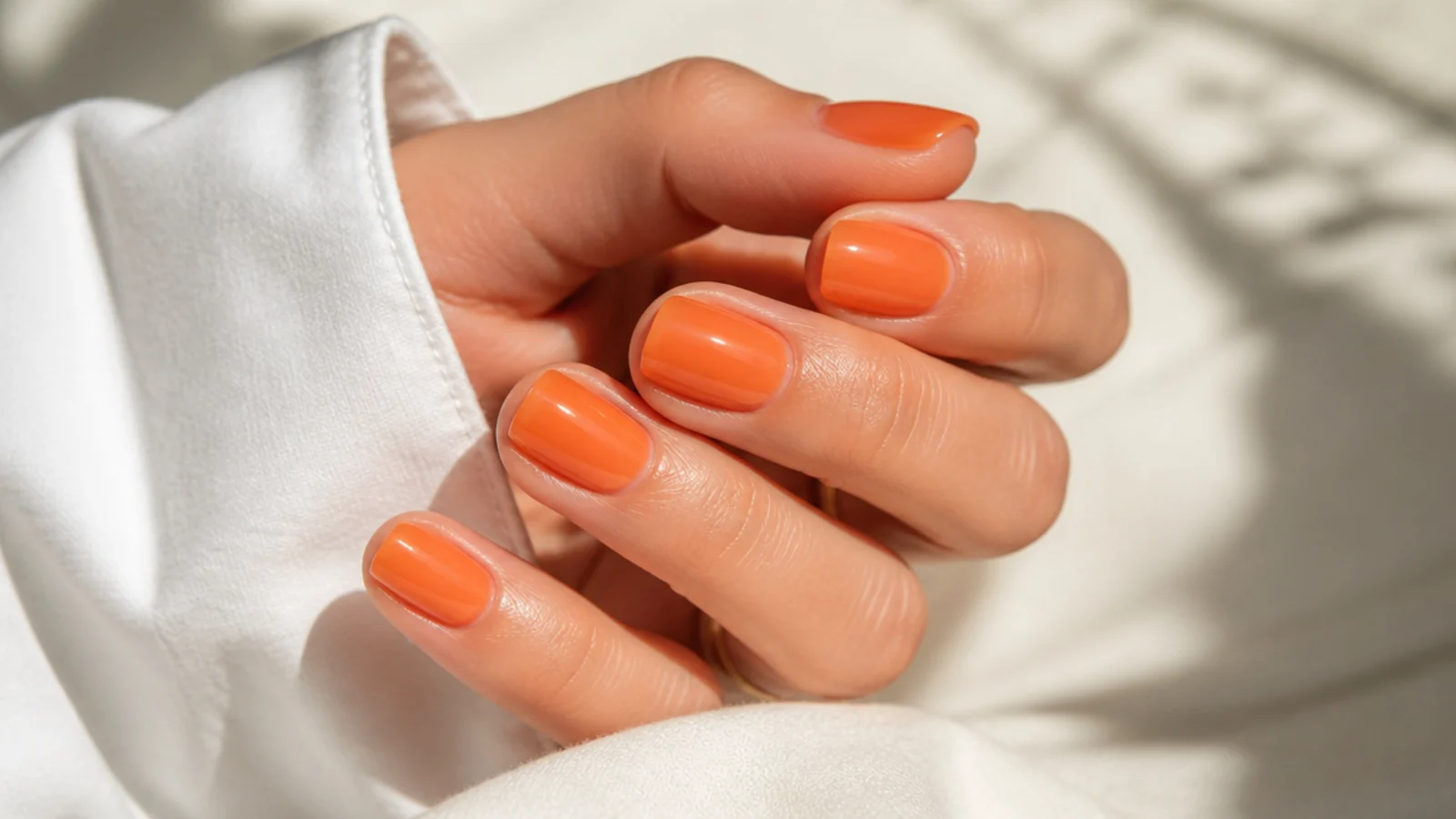 Short squoval nails in translucent tangerine orange jelly with visible natural nail underneath