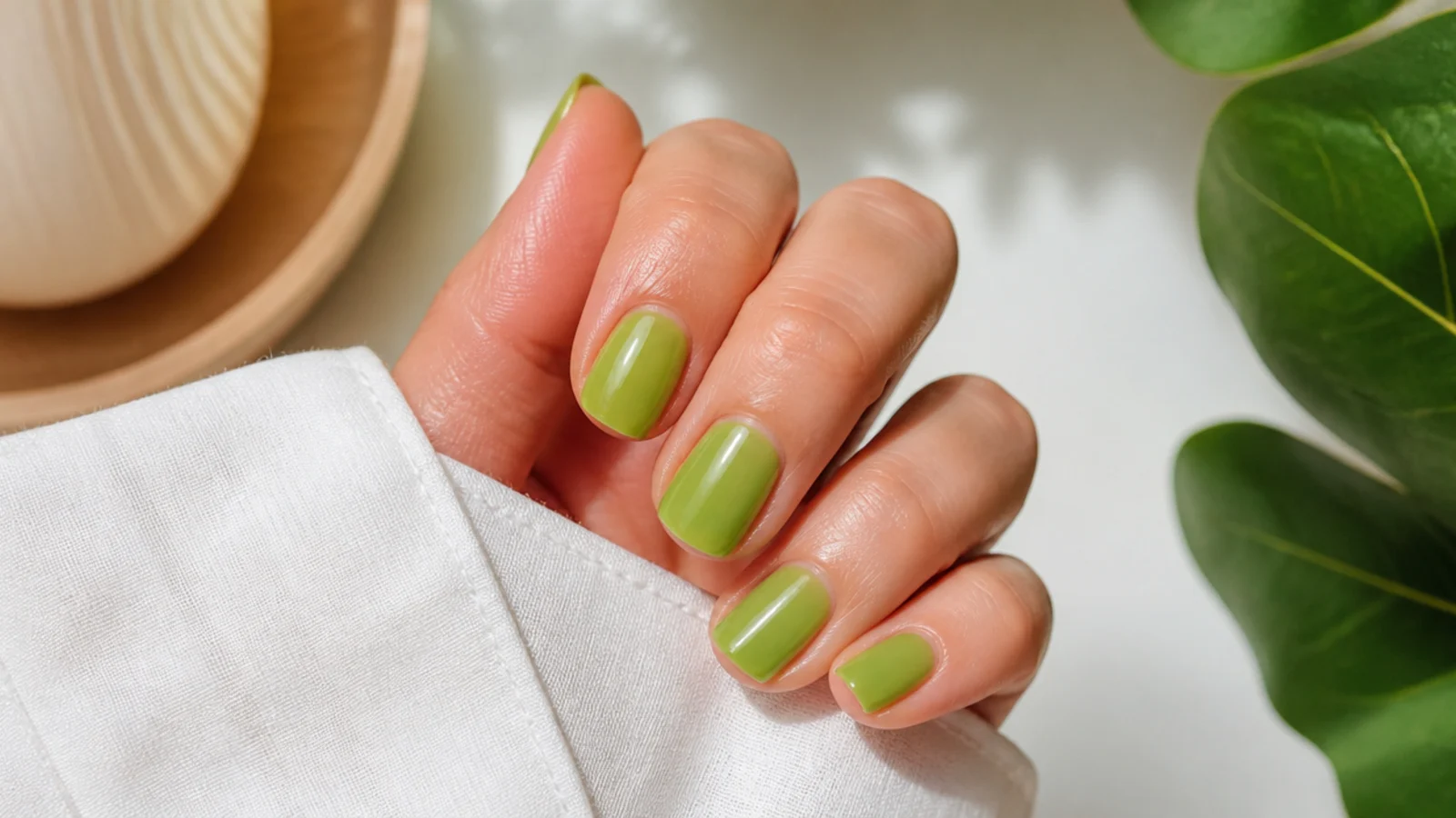 Short square nails in translucent lime green jelly with a fresh candy glass finish