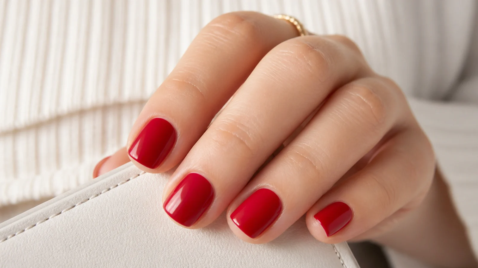 Short squoval nails in glossy blue based cherry red cream with even opaque coverage