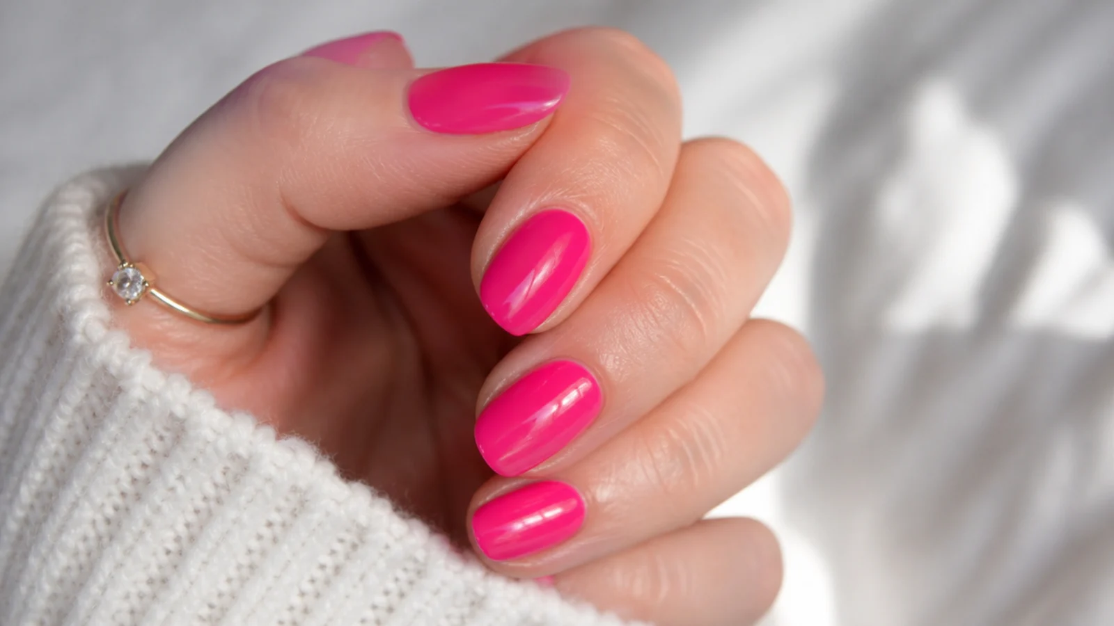 Short almond nails in opaque hot fuchsia pink cream with a high shine finish