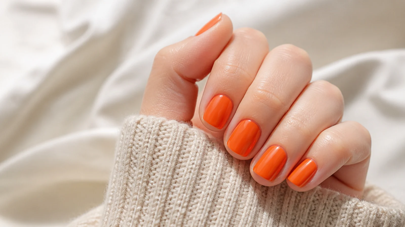 Short square nails in opaque poppy orange cream with a smooth glossy surface