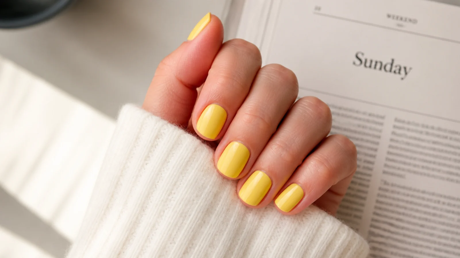Short nails in opaque marigold yellow cream with even coverage and no streaking