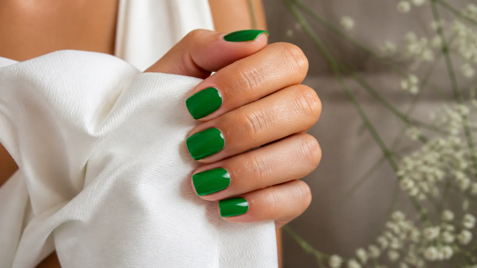 Short squoval nails in bright kelly green cream with a saturated glossy finish