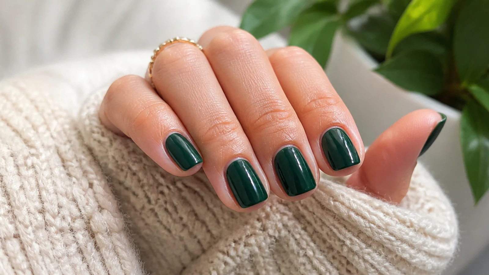 Short square nails in deep glossy emerald green with a jewel toned finish