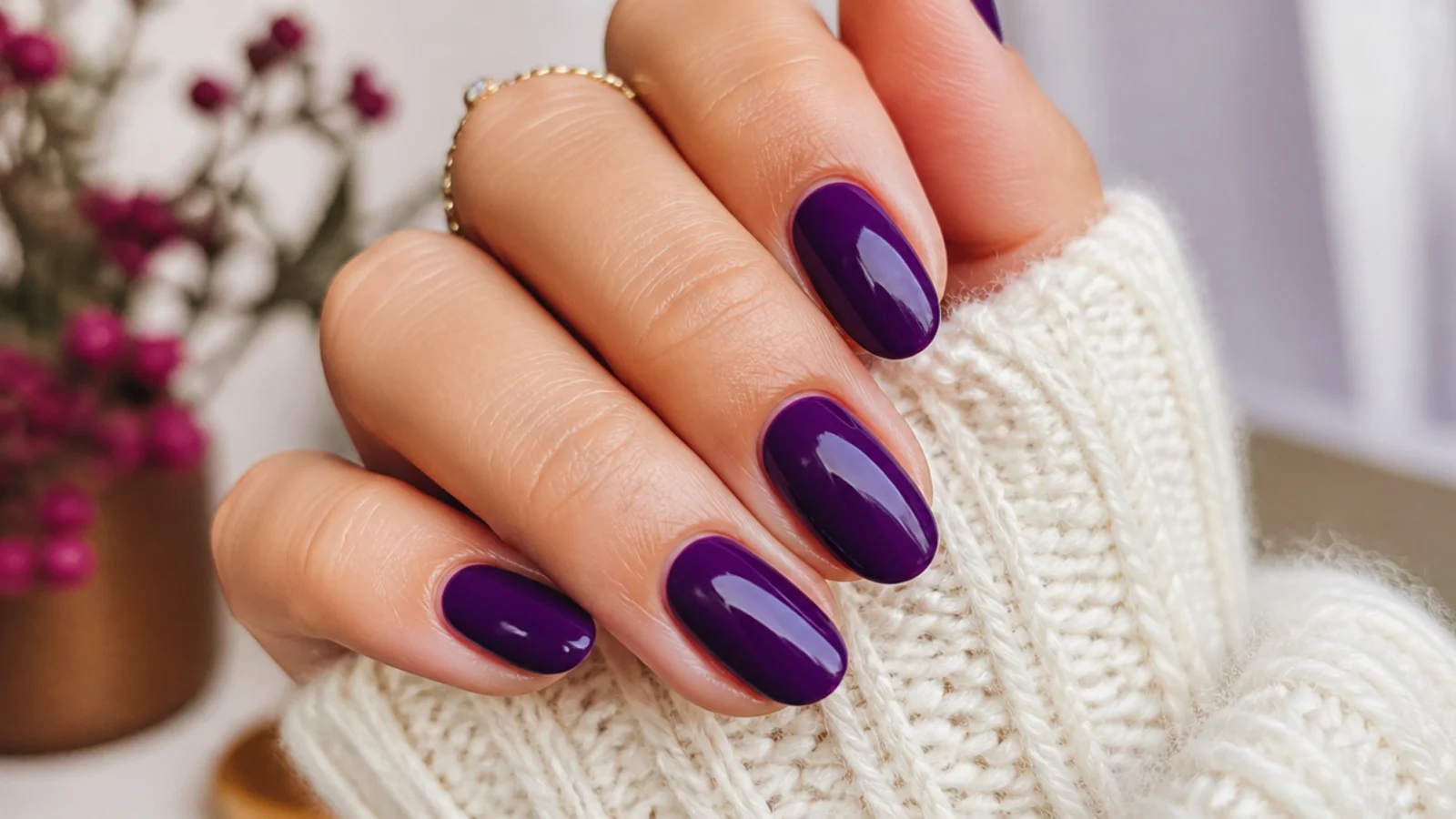 Short almond nails in deep royal purple with a glossy saturated single tone