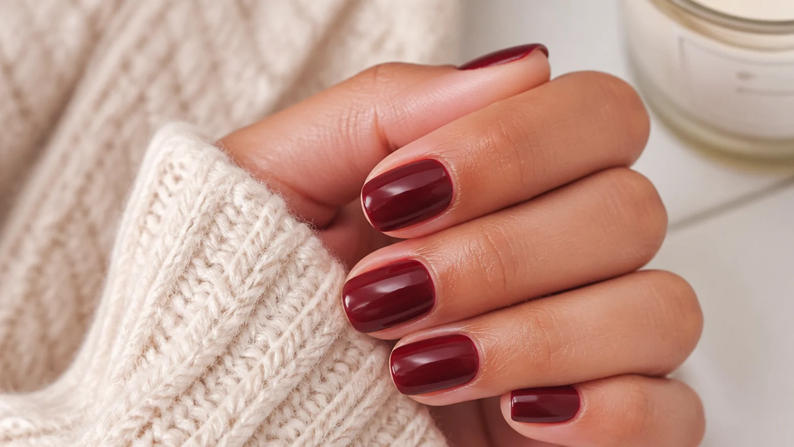 Short squoval nails in deep oxblood wine red with a high gloss finish