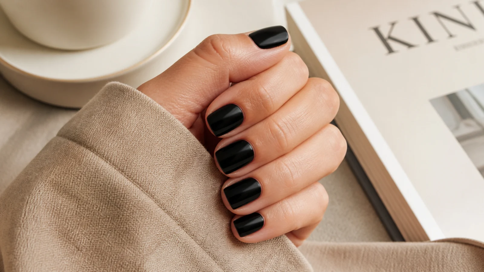 Short square nails in high gloss opaque black with sharp clean sidewalls