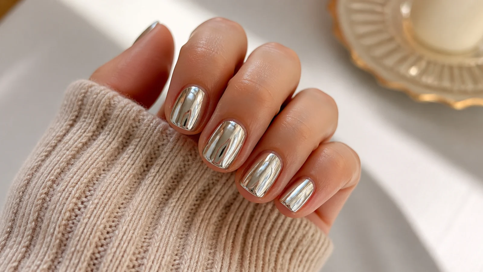 Short nails in mirror silver chrome with a liquid metallic reflective finish